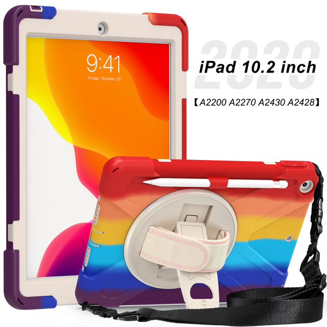Rainbow Colorful Symmetry Case for iPad 10.2 2019 2020 Hand Shoulder Strap Cover Pencil Holder Shockproof Stand Tablet Cover