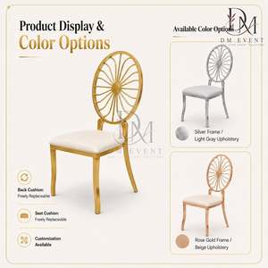 Chaise de mariage ronde en acier inoxydable doré avec dossier en éclats de soleil et coussin blanc pour banquets et événements hôteliers – Vente en gros de sièges - Product Image 5