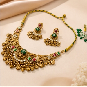 Indian Style 925 <b>Silver</b> Temple Jewelry <b>Necklace</b> <b>Set</b> With Green And Red Zircon Stones Bridal Choker With Matching Earrings - Product Image 4