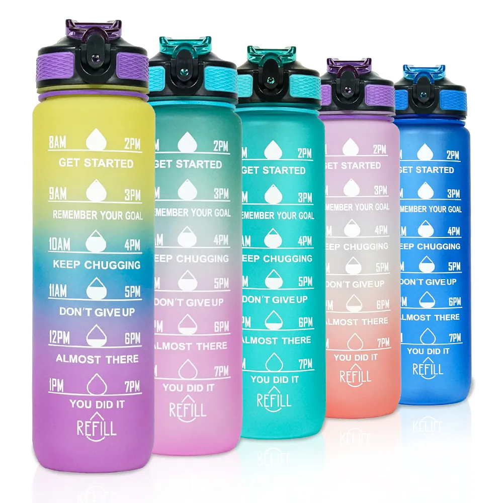 गर्म बिक्री BPA मुक्त फिटनेस प्रेरक कस्टम थोक पुआल पीने के प्लास्टिक की पानी की बोतल के साथ समय मार्कर