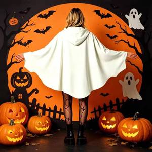MS Halloween Funny Ghost <b>Poncho</b>, Adult Spooky Face Print Hooded Cape, Cosplay Party Vibe Photo Outfit - Product Image 4