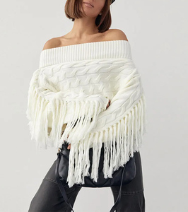 Maglione lavorato a <span class=keywords><strong>maglia</strong></span> da donna con nappine ispessite <span class=keywords><strong>monospalla</strong></span> manica lunga Pullover in lana corta - Product Image 5