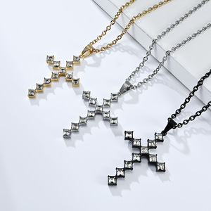 Diamond-<b>Studded</b> <b>Titanium</b> Steel Cross Necklace Princess Cut Unisex Religious Pendant - Product Image 2