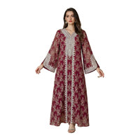 Robe longue musulmane de luxe multicolore en dentelle blanche brodée en mousseline de Dubaï 2026, col en V, manches trois quarts, tenue modeste