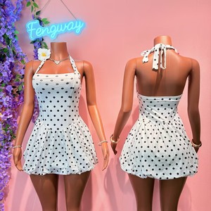 Abito Corto da <span class=keywords><strong>Donna</strong></span> 2026 Nero Bianco a Pois con Stampa, Halter Senza Maniche, Vita Arricciata, Svasato a Trapezio, Vestito Casual alla Moda - Product Image 6