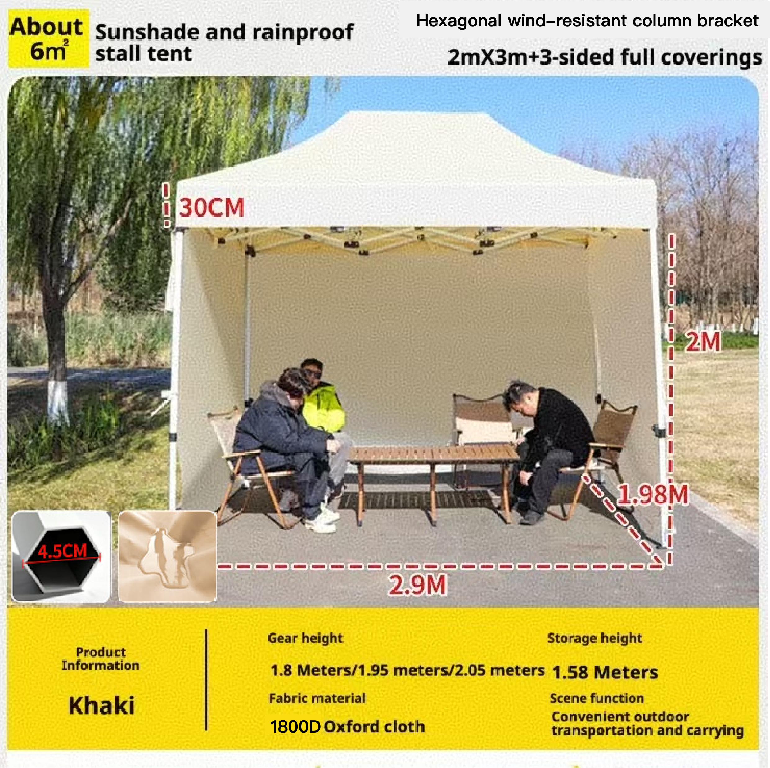 Support de colonne hexagonale-2mX3m+3 revêtements complets-Kaki
