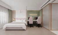 Conception de décoration minimaliste pour appartement d'hôtel, dessin CAO de construction 2D, visualisation par rendu 3D