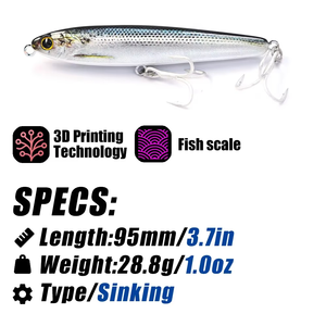 Señuelo de Pesca B&U JT25 de 95 mm y 28,8 g, Hundimiento, Impreso en 3D, Plástico Duro, Tipo Lápiz, para Agua Salada, Agua Dulce, Lago, Embalse, Lubina, Lucioperca - Product Image 2