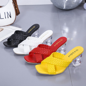 Slippers for Women Square Toe Fish Mouth Woven Slippers Crystal Heel Outerwear Minimalist Style Open Toed Exquisite Sandals - Product Image 6