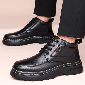 Bottes à lacets en cuir véritable pour hommes, bout rond, doublure en fourrure, semelle extérieure en caoutchouc, bottes d'hiver chaudes antidérapantes pour la neige - Product Image 2