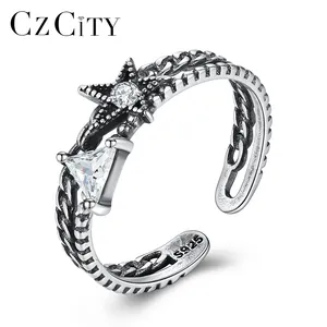 CZCITY Sterling Silver Woman 925 Star Diamond CZ Male Jewelry 2024 Trendy Black Thai Silver Ring