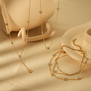 18K Gold Zircon <b>Titanium</b> Steel Necklace Set With Diamond Setting Stainless Steel Clavicle <b>Chain</b> Jewelry For Party - Product Image 1