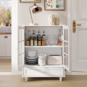 Minimalist White Buffet Cabinet with Double Glass Doors and Drawer Modern Wooden <b>Storage</b> Sideboard for Living Room - Product Image 4