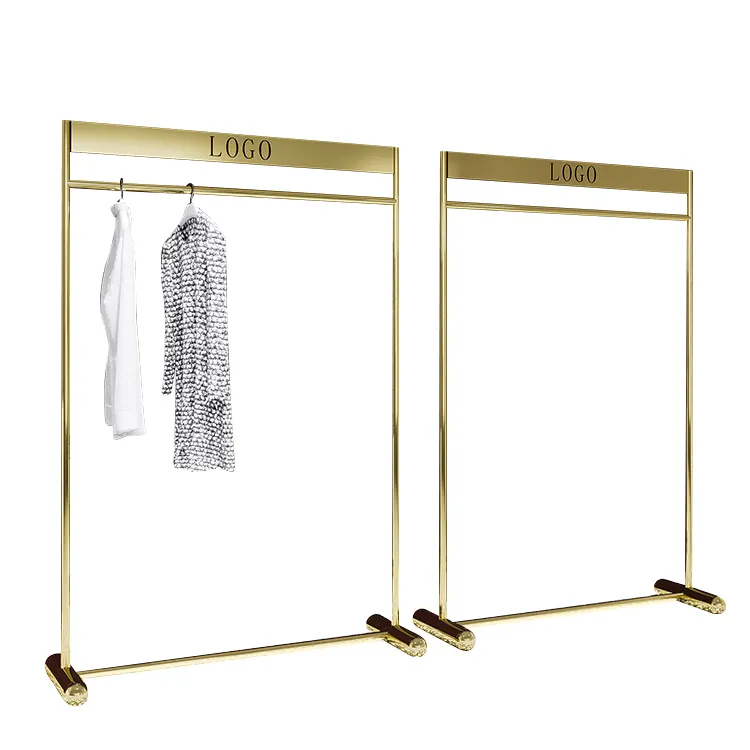 Benutzer definiertes Logo Luxus geschäft Metall Kleidung Stand Label Kleidung Display Rack Edelstahl Gold Kleider ständer für Boutique