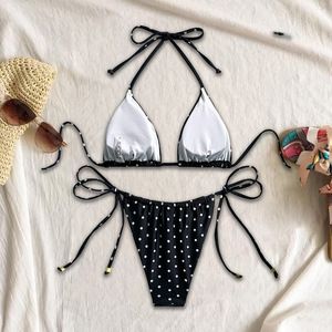 Bikini sexy à carreaux pour femmes, ensemble deux pièces, col halter, maillot de bain, vacances à la plage, spandex/coton - Product Image 4