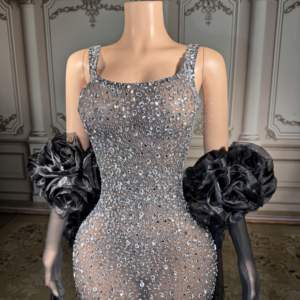 ZD 闪亮水晶装饰透明舞会礼服黑色花卉手套正式派对礼服 - Product Image 5