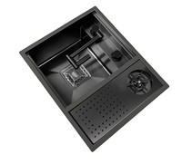 Évier de cuisine intelligent Nano Noir en acier inoxydable 304 à montage sous plan, à cuve unique, avec barre de lavage de tasses, pour camping-car, buanderie, maison, vente en gros