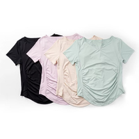 Ensemble de sport et de yoga pour femme, personnalisé avec logo, décontracté, uni, ample, froncé sur les côtés, col en V, manches courtes, en matière douce
