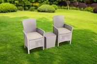 3 pièces en résine polypropylène, mobilier de jardin 100% recyclable, ensemble de fauteuils à dossier haut avec table d'appoint grise