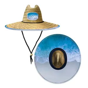 Custom Sun Proof Breathable Print Sombreros De Pesca Playeros Wide Brim Mens Lifeguard Straw Fishing Hat With Logo