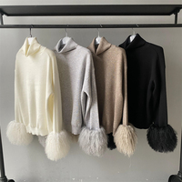 Ensemble Hiver Personnalisé Femme Deux Pièces : Pull à Col Roulé en Laine Tricotée et Pantalon Long, Manches à Revers en Fourrure Mongole Véritable