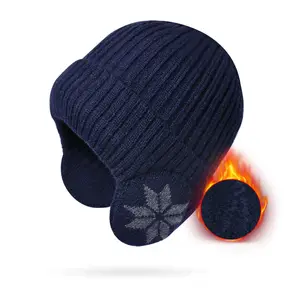 HZM-23243 Men's Winter Visor Beanie Hat with Earflap Knit Cap Ski Warm Fleece Lined Hunting Hat