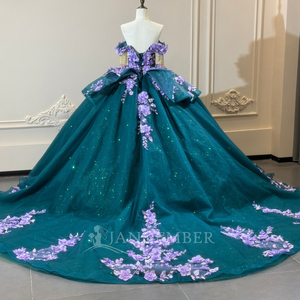 Robe de bal Quinceañera XS300 en dentelle avec perles de cristal, paillettes, décolleté cœur, appliques florales et pompons, pour femme, idéale pour les fêtes - Product Image 4