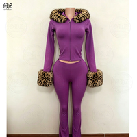 Nouvel ensemble de survêtement pour femme, hiver, Noël, imprimé léopard, fausse fourrure, à capuche, 2 pièces, sweat à capuche court zippé + pantalon évasé coordonné