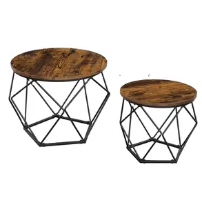 Wood And Metal Antique Set/2 End Table For Living Room Side Tables With Metal Frame Round 2 PC Coffee Table Set Of 2