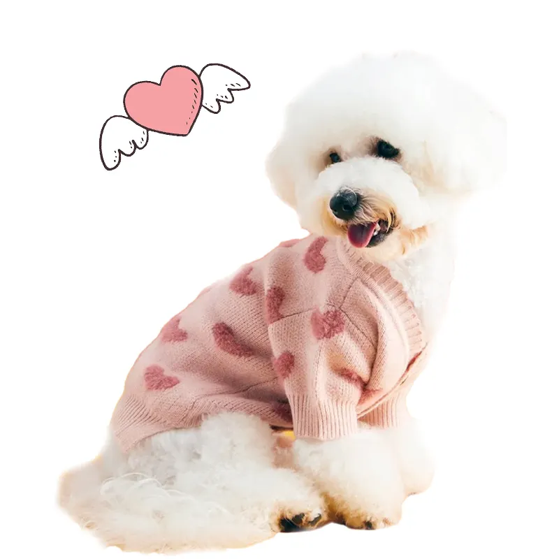 शरद ऋतु और सर्दियों के पालतू कुत्ते का स्वेटर फैशनेबल गुलाबी लव प्रिंट कुत्ते के गर्म कपड़े आरामदायक मोटा पालतू स्वेटर