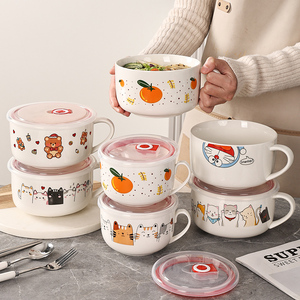 Bộ bát tô gốm sứ hoạt hình tùy chỉnh đựng súp, cơm, mì ăn liền có nắp và quai cầm, giữ tươi, dùng được trong lò vi sóng, hộp cơm trưa - Product Image 3