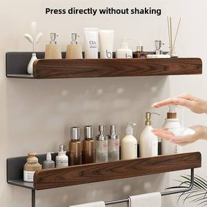 Rak Dinding Kamar Mandi <span class=keywords><strong>Aluminium</strong></span> Kayu Walnut Grosir, Tanpa Bor, Pemasangan Sekrup, Rak Pengering, Organizer untuk Perlengkapan Mandi - Product Image 1