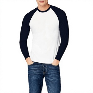 Men's White Navy Raglan Full Sleeve T-<b>Shirt</b> 100% Cotton Casual Breathable Solid Color Anti-Wrinkle Spring Wear - Product Image 1