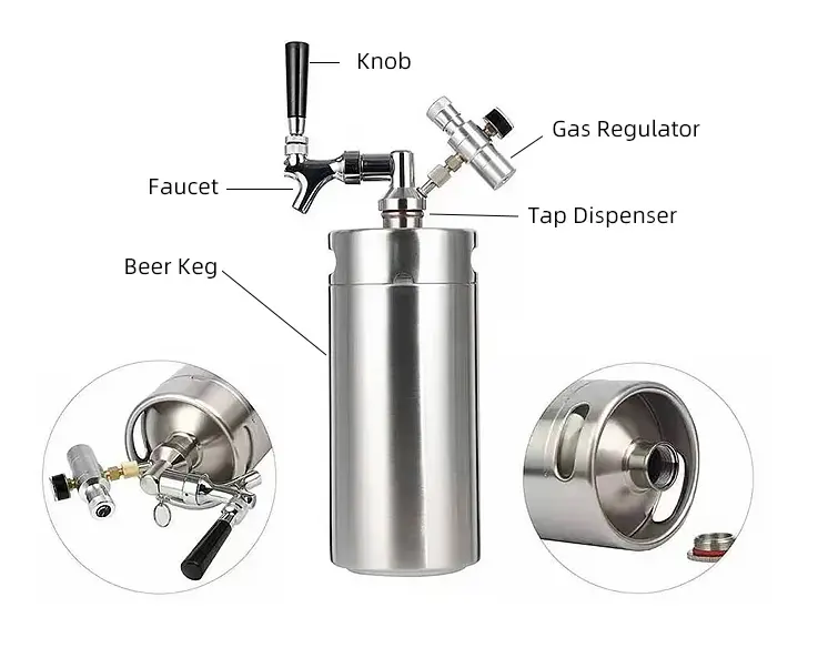 Certificación ISO 2l 3.6l 4l 5l 10l Acero inoxidable Sus304 Barril de cerveza mini para bar