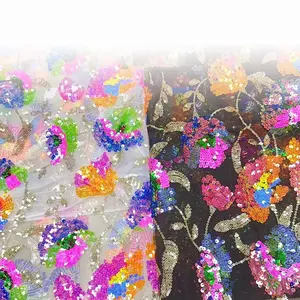 Trang Phục Sân Khấu Trang Trí 3Mm + 5Mm Sequins Vải Trình diễn Thời Trang Váy Cưới Màu Kết Hợp Sequined Hoa Lưới Trim Thêu Ren