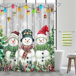 Cortina de Ducha de Poliéster Verde con Diseño Navideño de Muñecos de Nieve, Cortina de Baño con Impresión Digital Personalizada, Venta al Por Mayor Moderna - Product Image 1