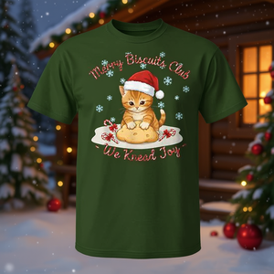 T-shirt natalizia Merry Biscuits Club Cat con design We Knead Joy Holiday - Product Image 2