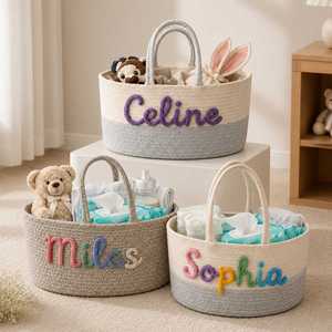 <b>Storage</b> <b>Basket</b> for Nursery Decor, Custom Cotton Rope Baby Diaper Caddy Organizer, Removable Insert Striped Lining - Product Image 1