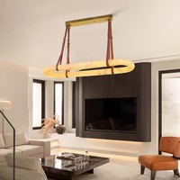 Lampe suspendue en cuir minimaliste moderne, anneau lumineux en marbre, lustre en albâtre naturel et cuivre pour restaurant et salon