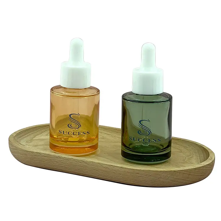 Heißer Verkauf 30ml orange grüne flache Schulter Hautpflege Verpackung Glas ätherische Öl flasche mit Plastik tropfer