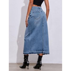 Falda Larga Vaquera Fisoew para Mujer, Cintura Alta, Corte Lápiz con Abertura, Estilo Urbano - Product Image 4