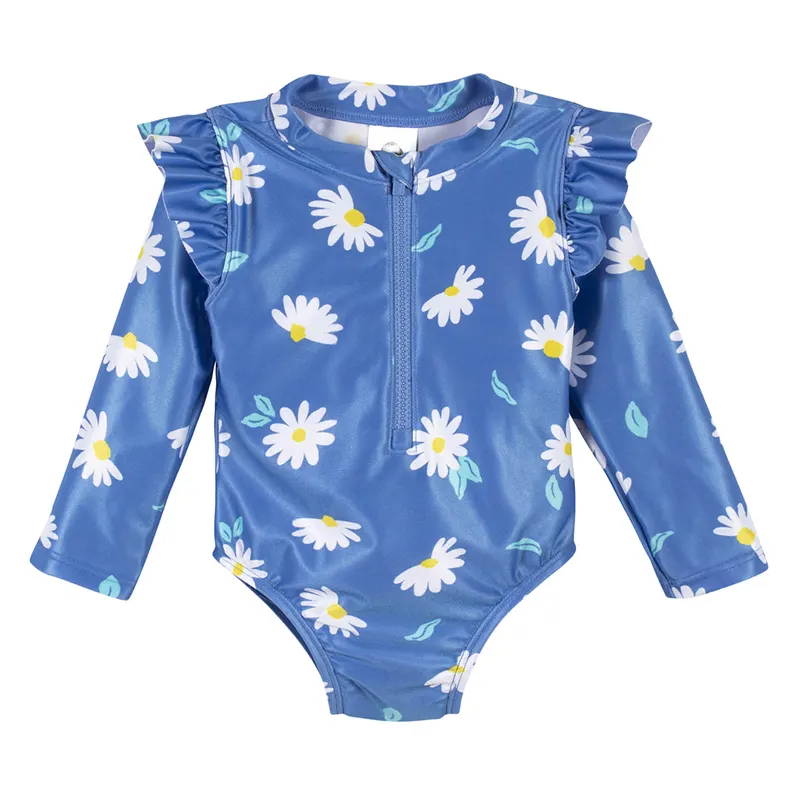 Produttore di alta qualità costume da bagno bambino costumi da bagno per ragazze stampato a maniche lunghe cerniera Up costumi da bagno con volant