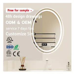 Hotel Luxury Oval Led Makeup Mirror With Light Smart Touch Screen Bathroom Mirror With Digital Clock And Bluetooth