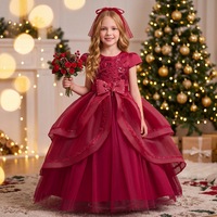 Robe de princesse pour filles, rouge vin, avec nœud brodé, robe de demoiselle d'honneur pour Noël, fêtes d'anniversaire