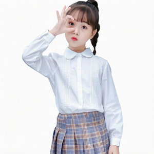 Chemisier d'uniforme scolaire en coton blanc pour filles, manches longues, bordure en dentelle, chemise d'école primaire pour enfants - Product Image 3