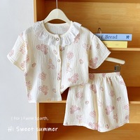 Vêtements de maison pour enfants, ensemble à manches courtes en coton double couche imprimé pour garçons et filles, pyjama fin d'été pour bébé