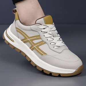 Chaussures de marche pour hommes en cuir véritable avec doublure en maille, talon bas, motif géométrique, respirantes, antidérapantes, résistantes aux chocs et amorties - Product Image 1