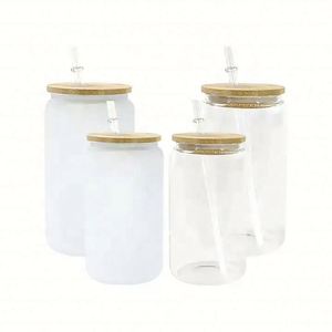 Verre personnalisé transparent dépoli pour sublimation, type bocal Mason ou canette de bière, avec couvercle en bambou et paille - Product Image 4