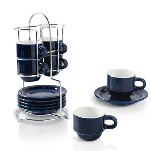 Оптовый набор из 6 керамических чашек для эспрессо и блюдец темно-синего цвета, многоразовые, экологичные, для кафе, современный дизайн - Product Image 1