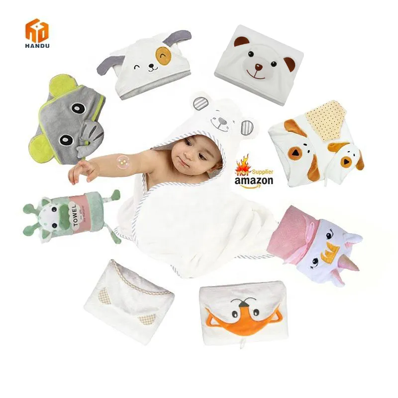 Wholesale Customized 600 GSM Bamboo fiber washcloth Baby hooded wrapping bath towel set with animal design